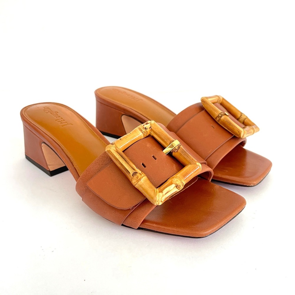 J.McLaughlin Ninette Tan Leather Bamboo Buckle Block Heel Slide Sandals Size 7M‎